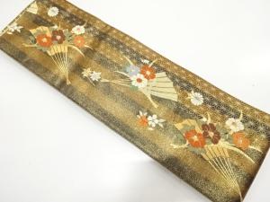 扇に椿・桜模様織り出し　リバーシブル半幅帯